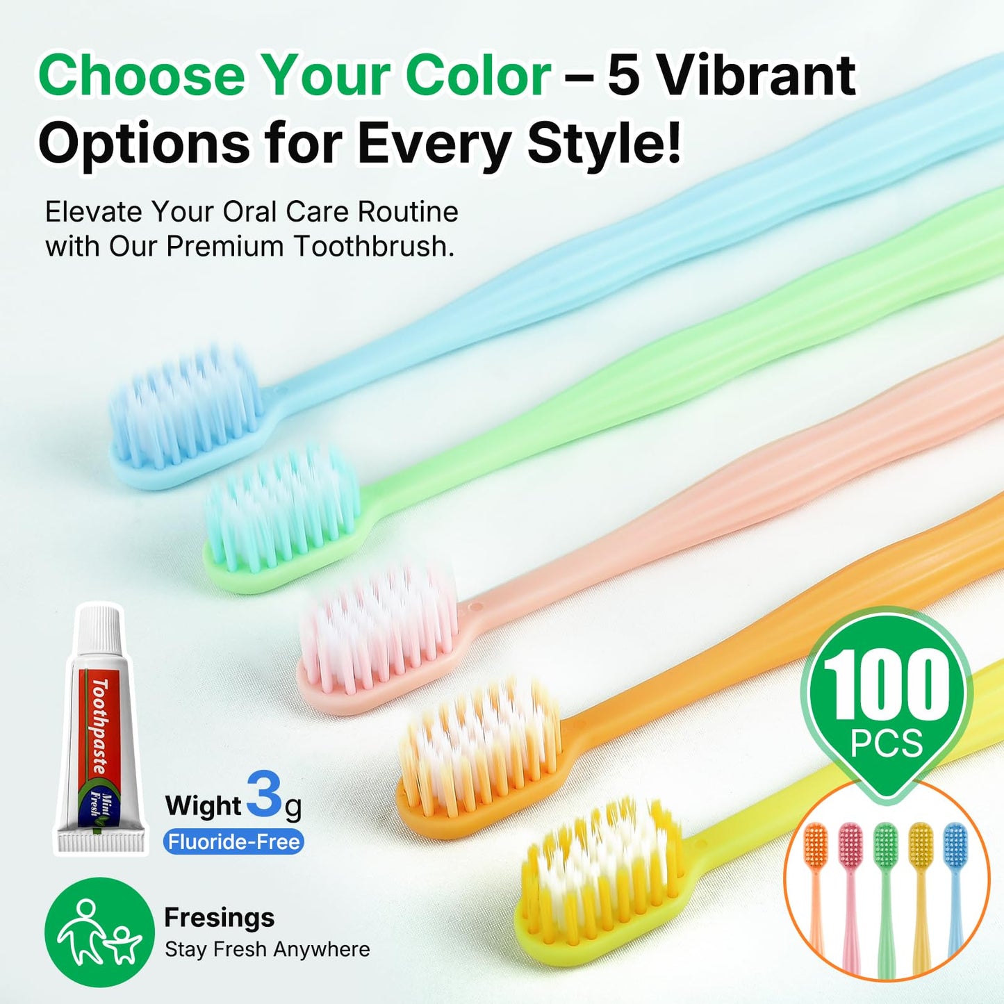 Fresings 100 Pack Disposable Toothbrushes with Toothpaste, Individually Wrapped, Soft PBT Bristles, Peanut Grip Handle, Fluoride-Free, Bulk Travel Kit for Hotel, Guests, Emergency, Adults & Kids
