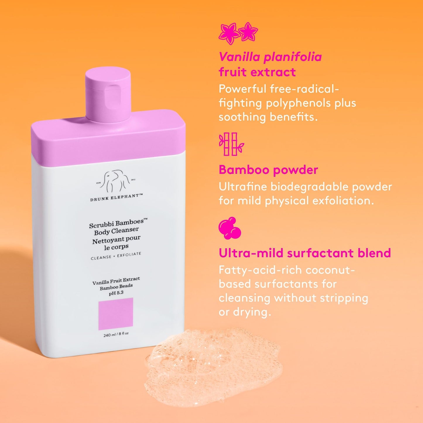 Drunk Elephant Scrubbi Bamboes Body Cleanser - 240 ml/8 fl oz - Sulfate-Free Body Scrub Wash - Clean Clinical Skincare - Cruelty-Free - Dermatologist Tested - Free of Essential Oils, Silicones, SLS