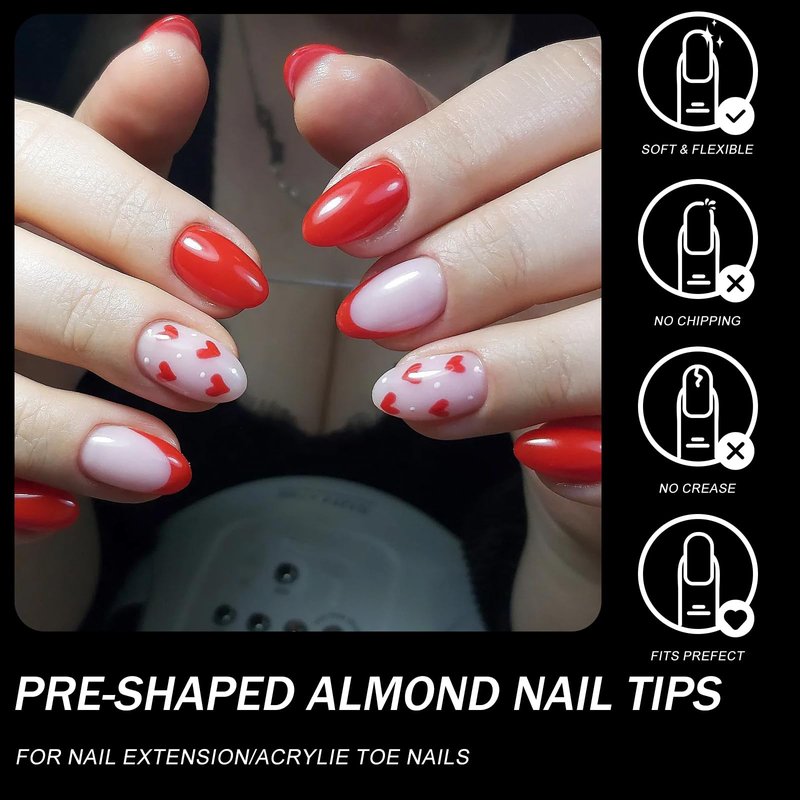 AddFavor Almond Nail Tips, 600pcs Short Almond Gel Nail Tips Clear Fake Nails Soft Gel Nails Acrylic False Acrylic Nails Tips 12 Sizes for Nail Extension