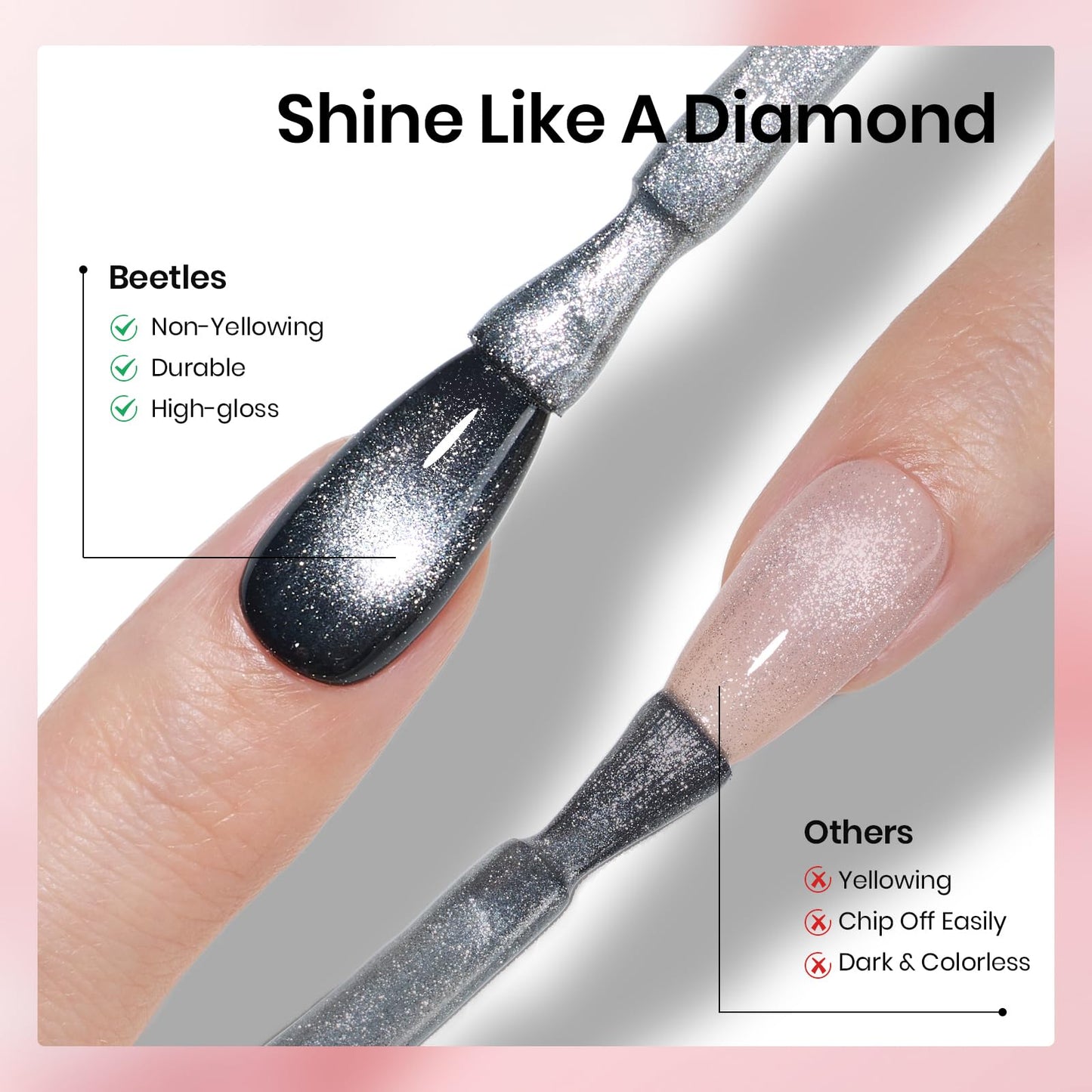Beetles Glitter Gel Top Coat Set, 6Pcs 10ml Sparkle Glitter Cat Eye Top Coat Gel Nail Polish No Wipe Long Lasting Soak Off U V LED Manicure Salon DIY Gifts for Women