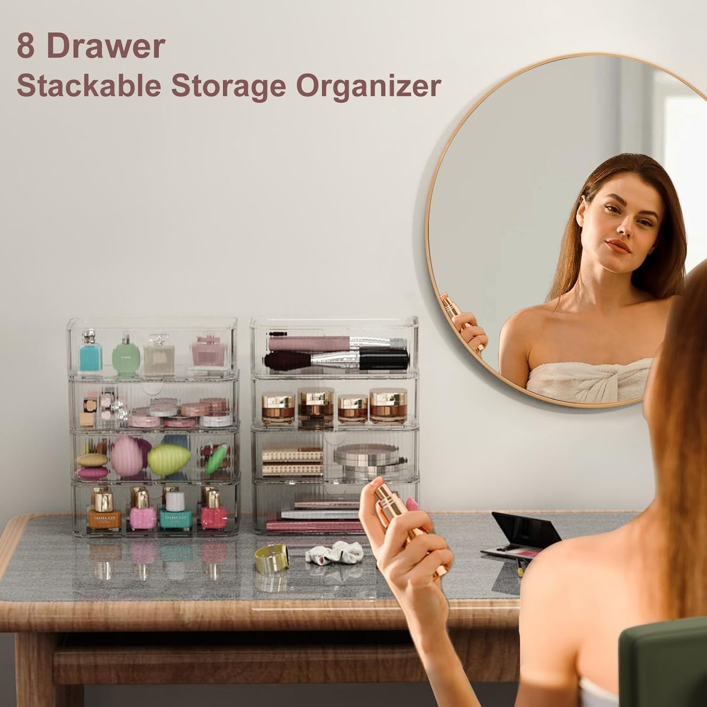 Clear Stackable Storage Drawers - 8-Pack Multi-Purpose Organizers with Non-Slip Silicone Feet | Transparent Acrylic Bins for Vanity, Office, Bathroom, Pantry