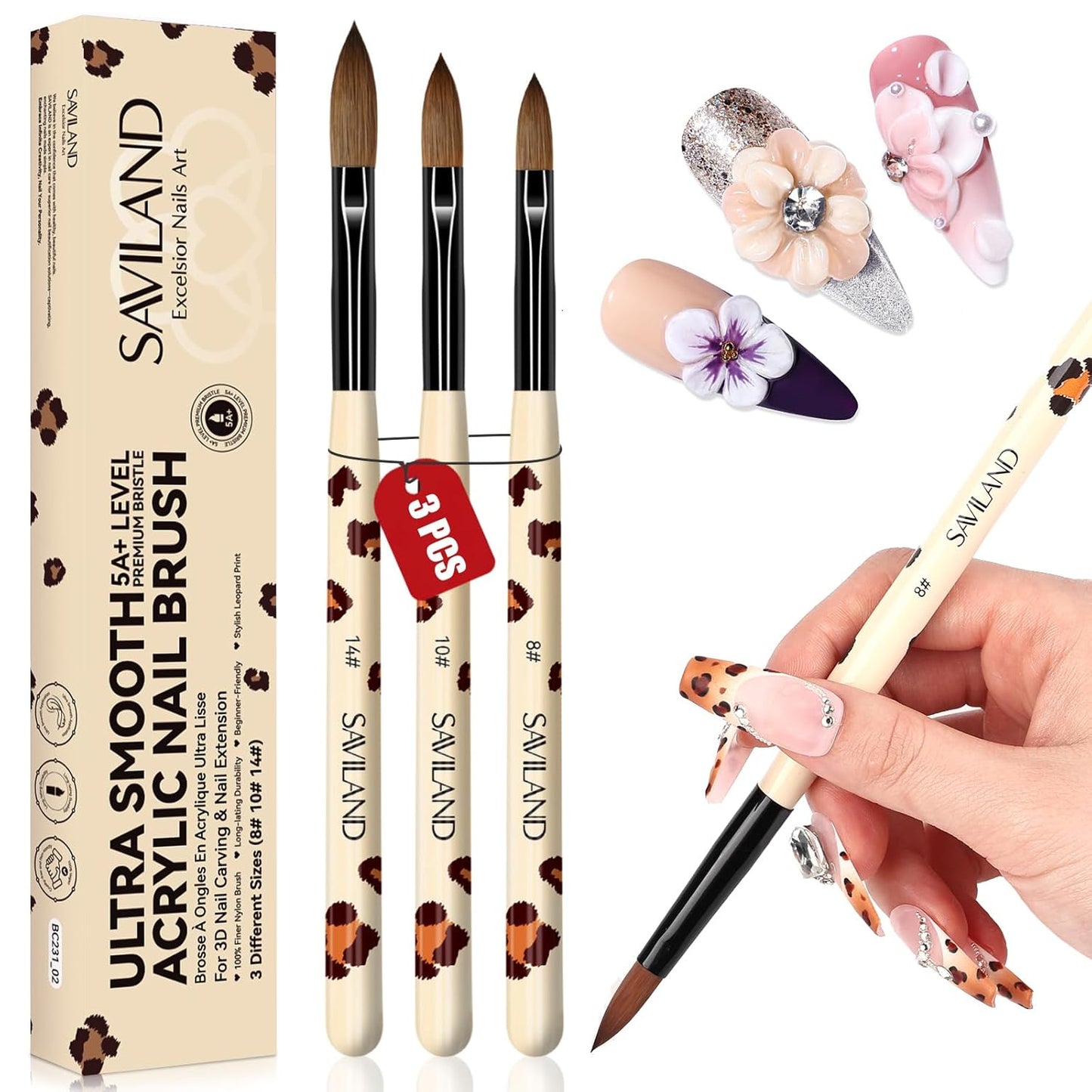 Saviland 3pcs Acrylic Nail Brush Set, Size 8/10/14 Kolinsky Acrylic Nail Brushes for Acrylics Application, Acrylics Powder Nails Art Extension with Black & White Handle for Beginner & Professional