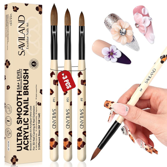 Saviland 3pcs Acrylic Nail Brush Set, Size 8/10/14 Kolinsky Acrylic Nail Brushes for Acrylics Application, Acrylics Powder Nails Art Extension with Black & White Handle for Beginner & Professional
