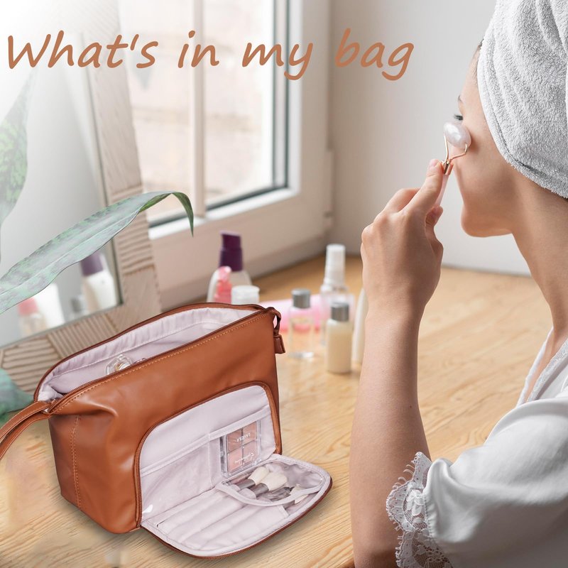 CHATSZ Makeup Bag for Women, Waterproof Cosmetic Bags, Travel Toiletry Bag, Makeup Bag Organizer with Divider and Handle, Wide-Open Cosmetic Case Portable (Brown)