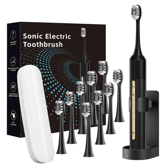 Lumivoid Sonic Electric Toothbrush with 10 Brush Heads for Adults and Children, Up to 30 Days on a Single Charge, 5 Modes, Built-in 2-Minute Smart Timer, IPX8 Waterproof Electric Toothbrush (Black)