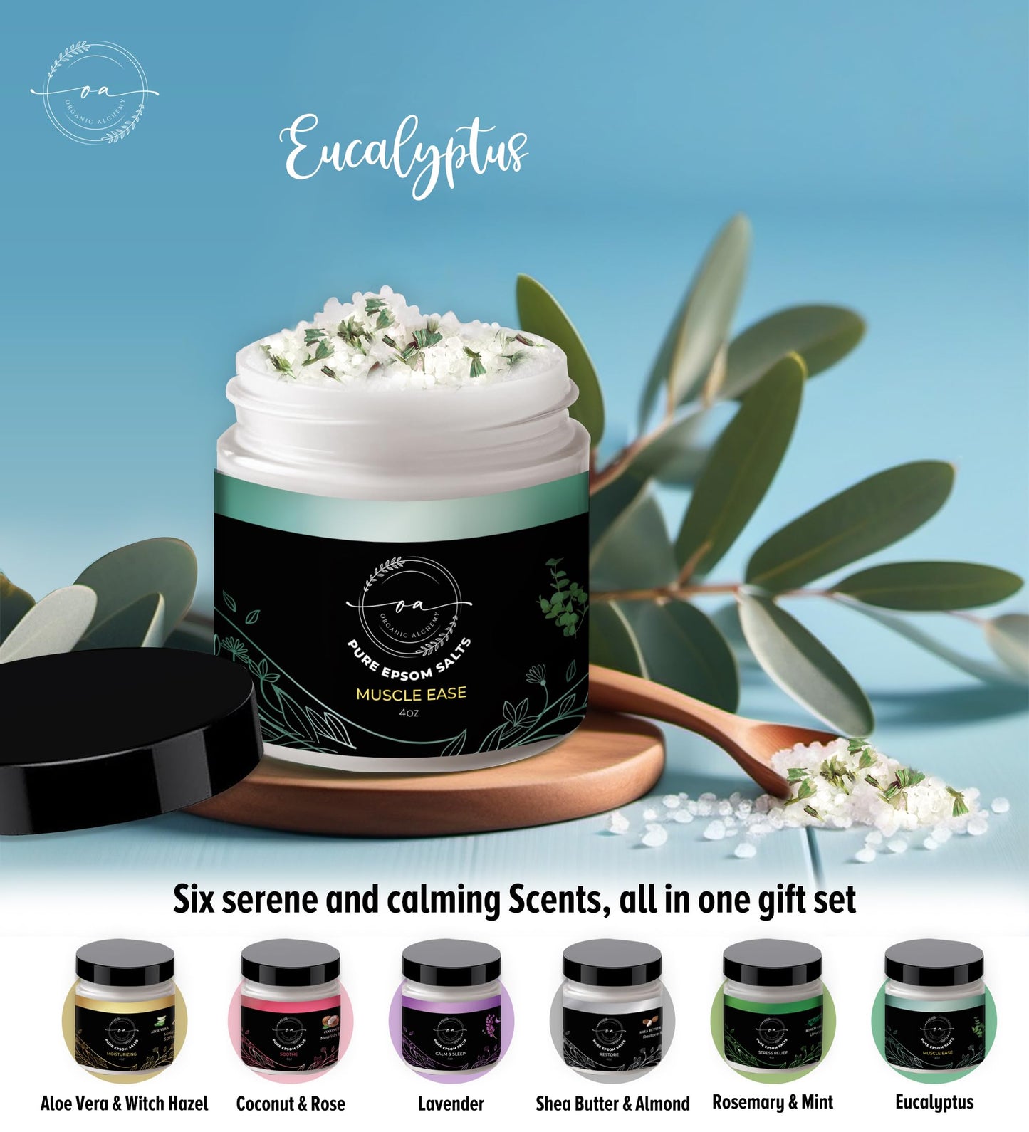 Epsom Bath Salts Gift Set, Relaxing Spa Salt & Essential Oils, Bubble Bath Soaks - Lavender, Eucalyptus, Coconut, Shea Butter, Rose Mary & Aloe Vera Self Care Gifts for Women (6 Pack)