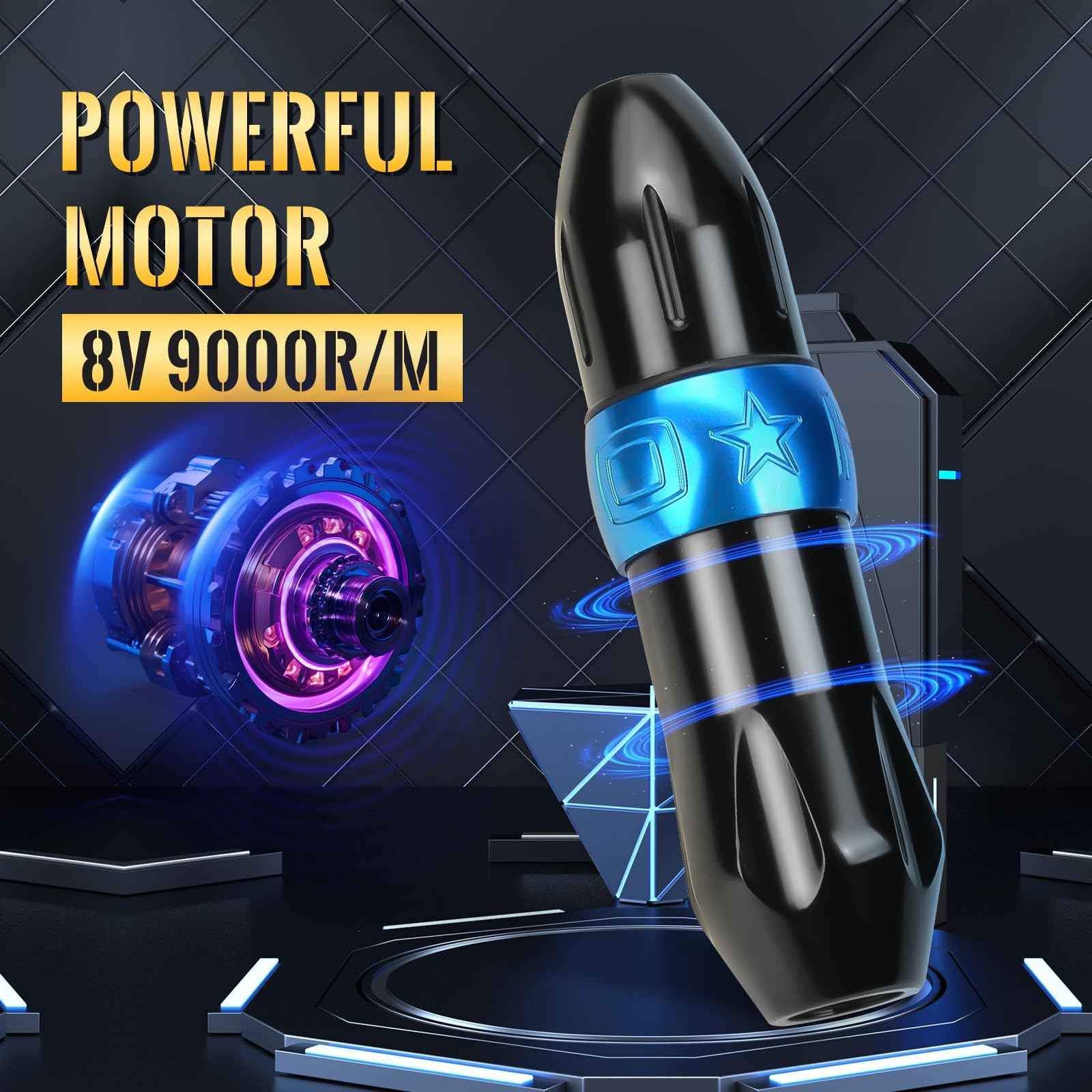 Rotary Tattoo Pen Machine, ATOMUS Tattoo Short Pen Style Cartridge Machine Gun Liner Shader with DC Cord 9000r/m Coreless Motor Aluminum Alloy Frame Tattoo Machine (Blue)