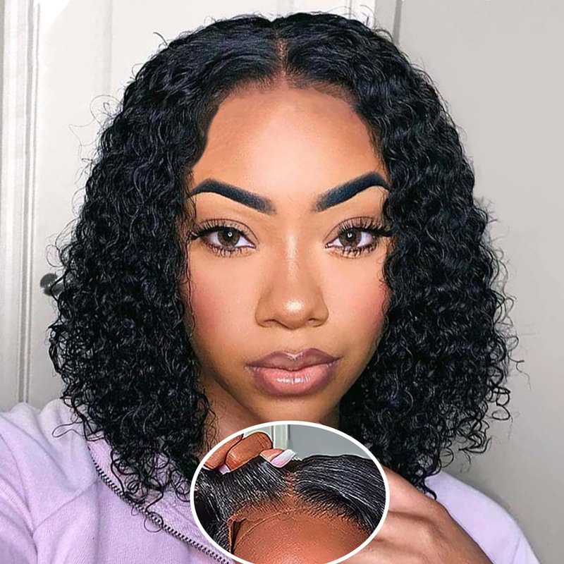 Glueless Wigs Human Hair - Pre Plucked Bob Wig | 180% Density Deep Wave Curly 12-Inch Natural Black