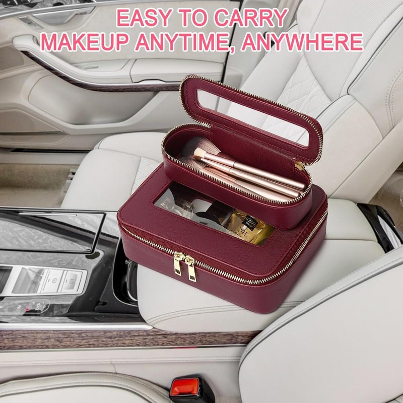 Clear Makeup Brush Bag - Slim Transparent Travel Cosmetic Case | Zippered Toiletry Organizer for Women (Burgundy)
