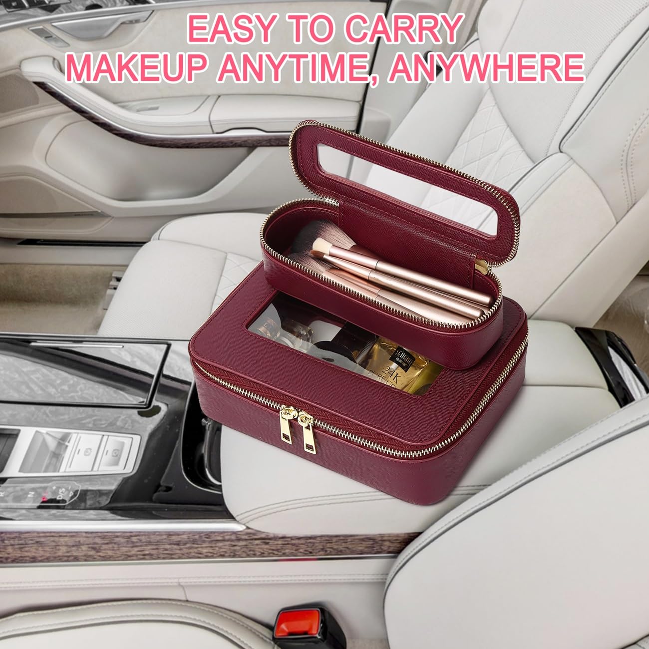 Pinkmik Travel Clear Makeup Bag with Brush Case TSA Approved Toiletry Bag Waterproof Cosmetic Organizer with Zipper Car Essential for Women (X/Burgundy, M+SLIM)
