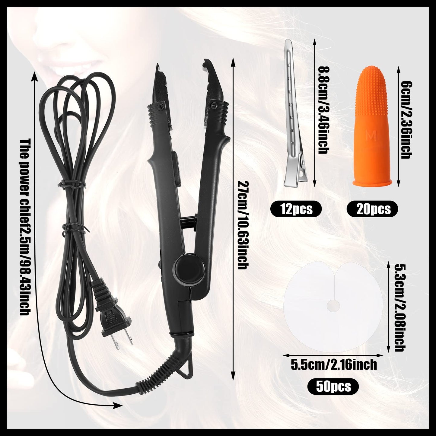 Lanties Hair Extensions Iron Fusion Keratin Hair Extensions Heat Tool Heat Connector Wand with Fusion Glue Protector Template Hair Clip Finger Protector 2 Bag Keratin Glue Granule Bead(Black)