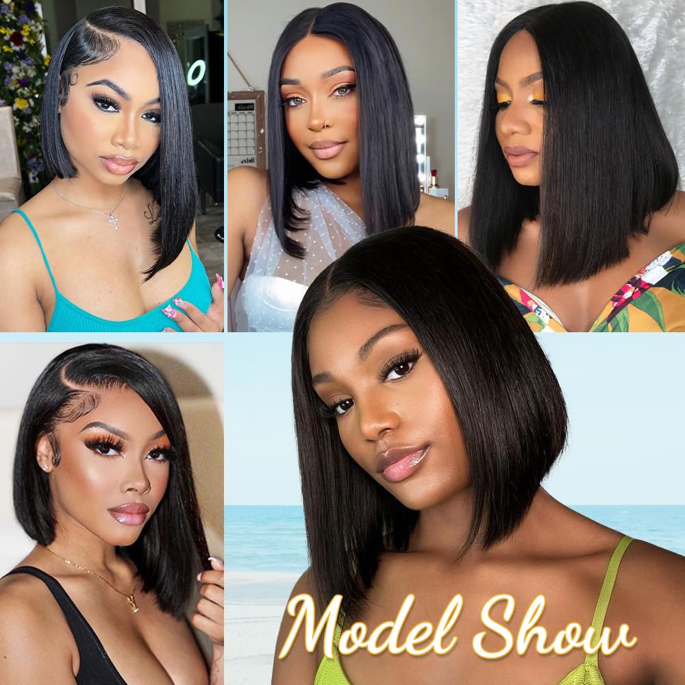 ASUTTRY Bob Wig Human Hair 200 Density Virgin Remy Hair Double Drawn Human Hair Wig 3x Longer Lifespan 13x4 HD Lace Front Wigs Human Hair Pre Plucked Bone Straight Short Bob Natural Black 10”