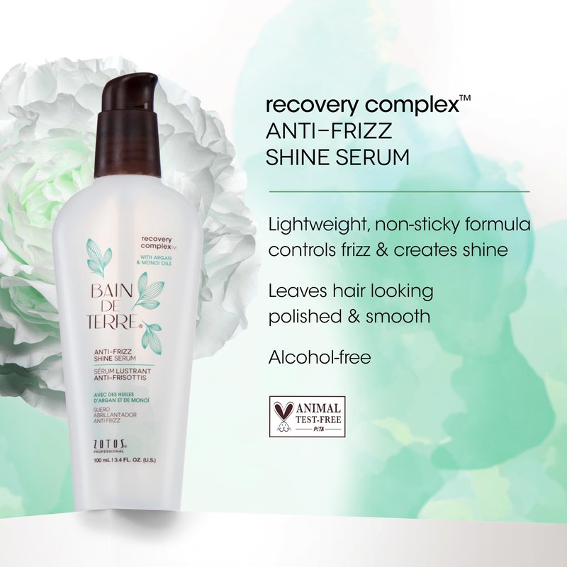 Bain de Terre Recovery Complex Anti-Frizz Shine Serum, Silky Shine & Frizz Control with Argan & Monoi Oils, Paraben-Free, Alcohol-Free, Color-Safe, Vegan, 3.4 Fl Oz
