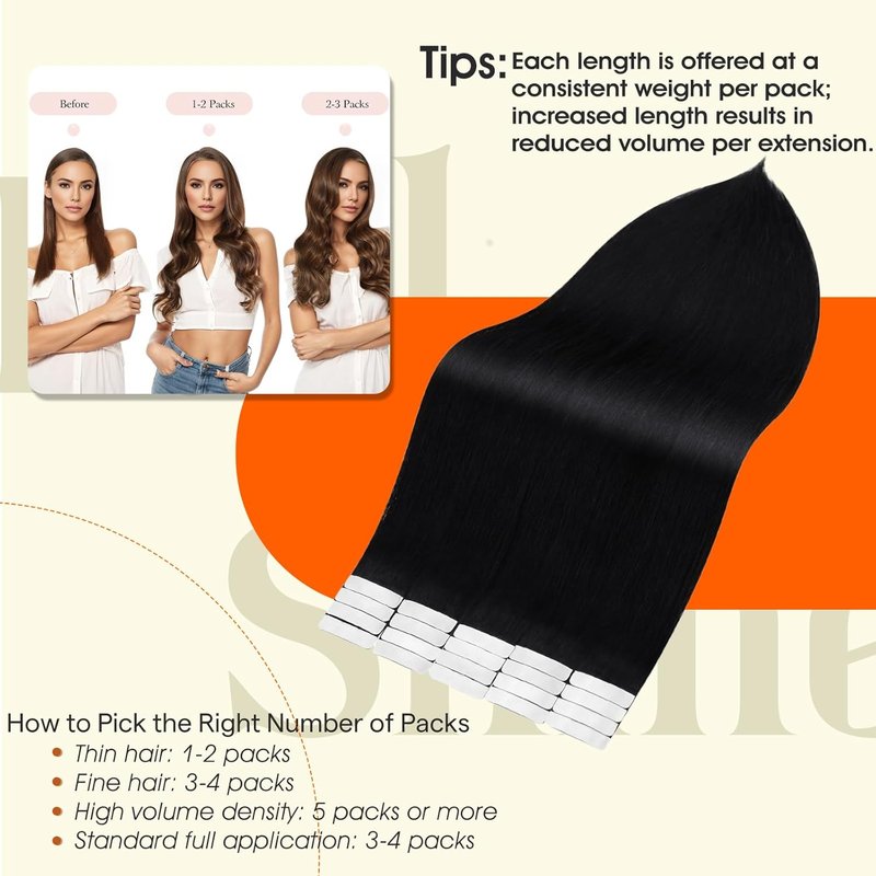 Real Human Hair Tape-In Extensions - 24 Inch Jet Black | Seamless Double-Sided 20 Pcs, 50g