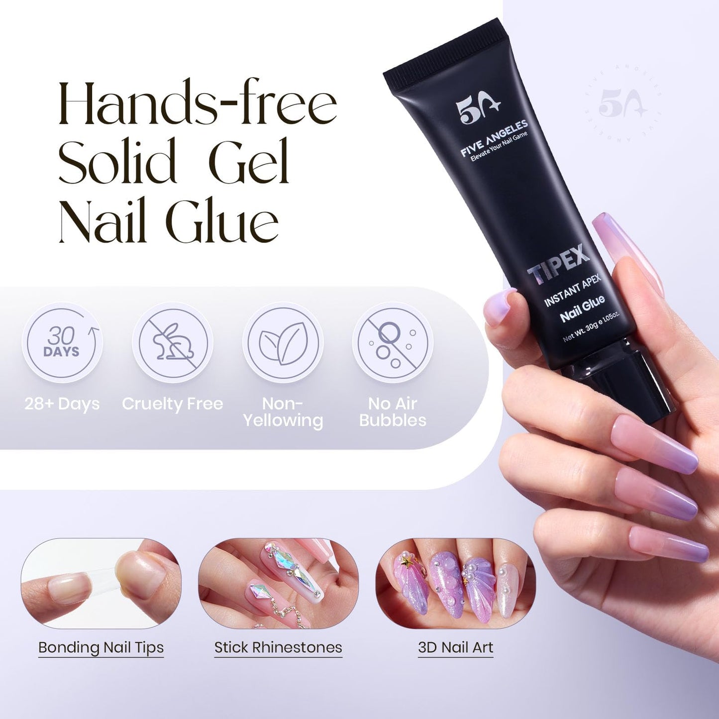 Five Angeles Tipex Instant Apex Nail Tips – Pre-Etched Acrylic Hard Gel Tips Kit for Flat Nails, Long Coffin Deep C Curve, Full Cover Press-On Nails for Beginners, UV Glue & LED Lamp Set