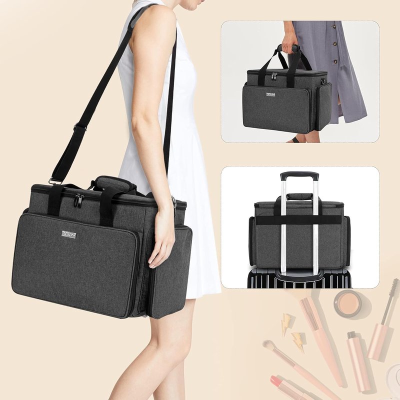 Large Cosmetic Bag - Makeup Organizer with Adjustable Dividers | Travel Case for Cosmetics & Hair Supplies - Black