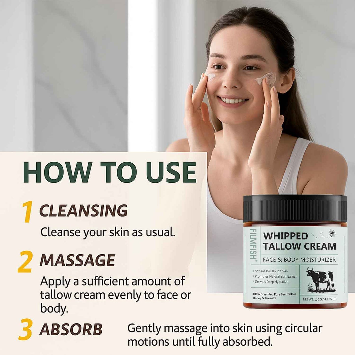 Grass-Fed Tallow Balm with Honey & Beeswax Deep Moisturizing Face & Body Cream Non-Comedogenic, Fragrance-Free For Dry Sensitive Skin Calms Redness 4.2 oz 2PCS