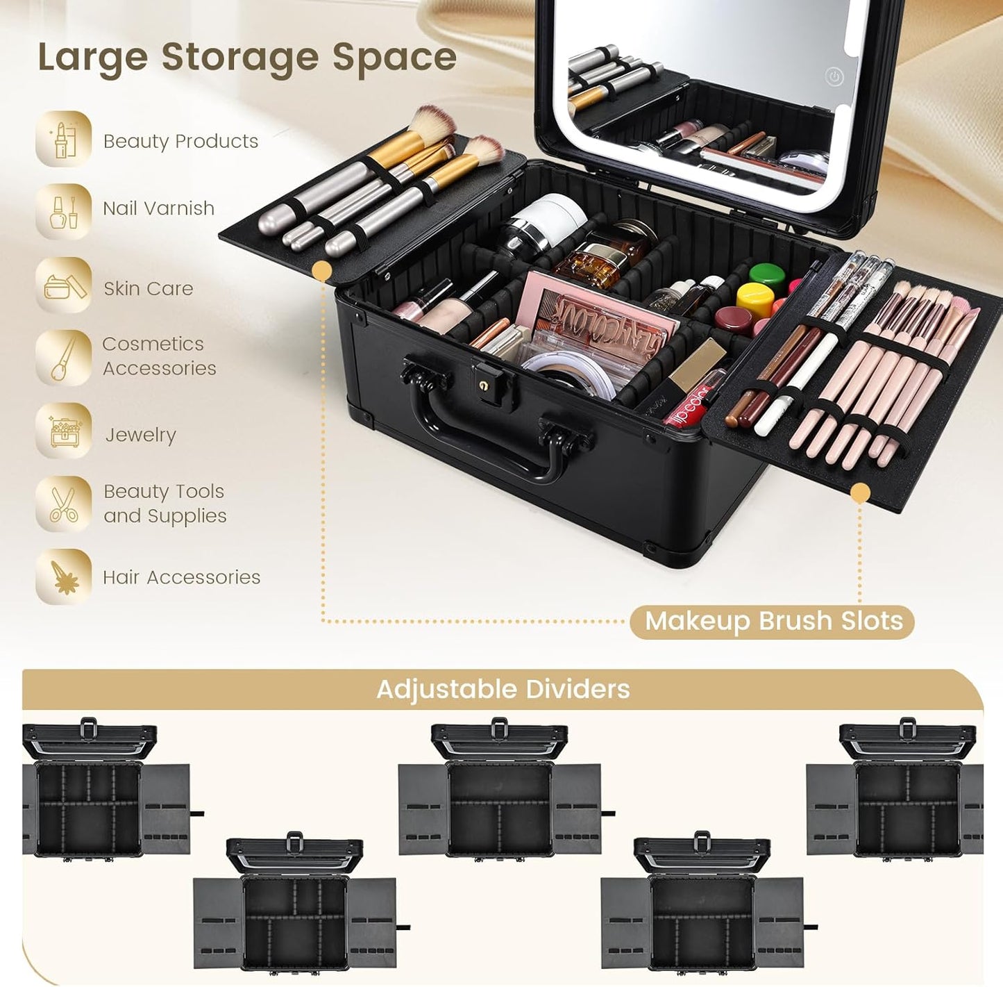 Makeup Organizer Case with Magnetic Lighted Mirror - Portable Vanity Box with LED Lighting, Lockable Keys & Dividers | Black