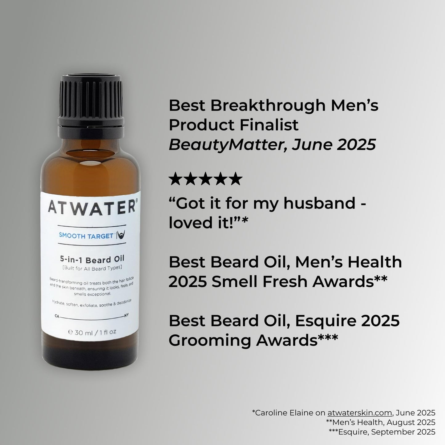 ATWATER Smooth Target 5-in-1 Beard Oil, Men's Beard Conditioner with Argan Oil and Lavender, Hydrates and Softens Facial Hair - 2 oz