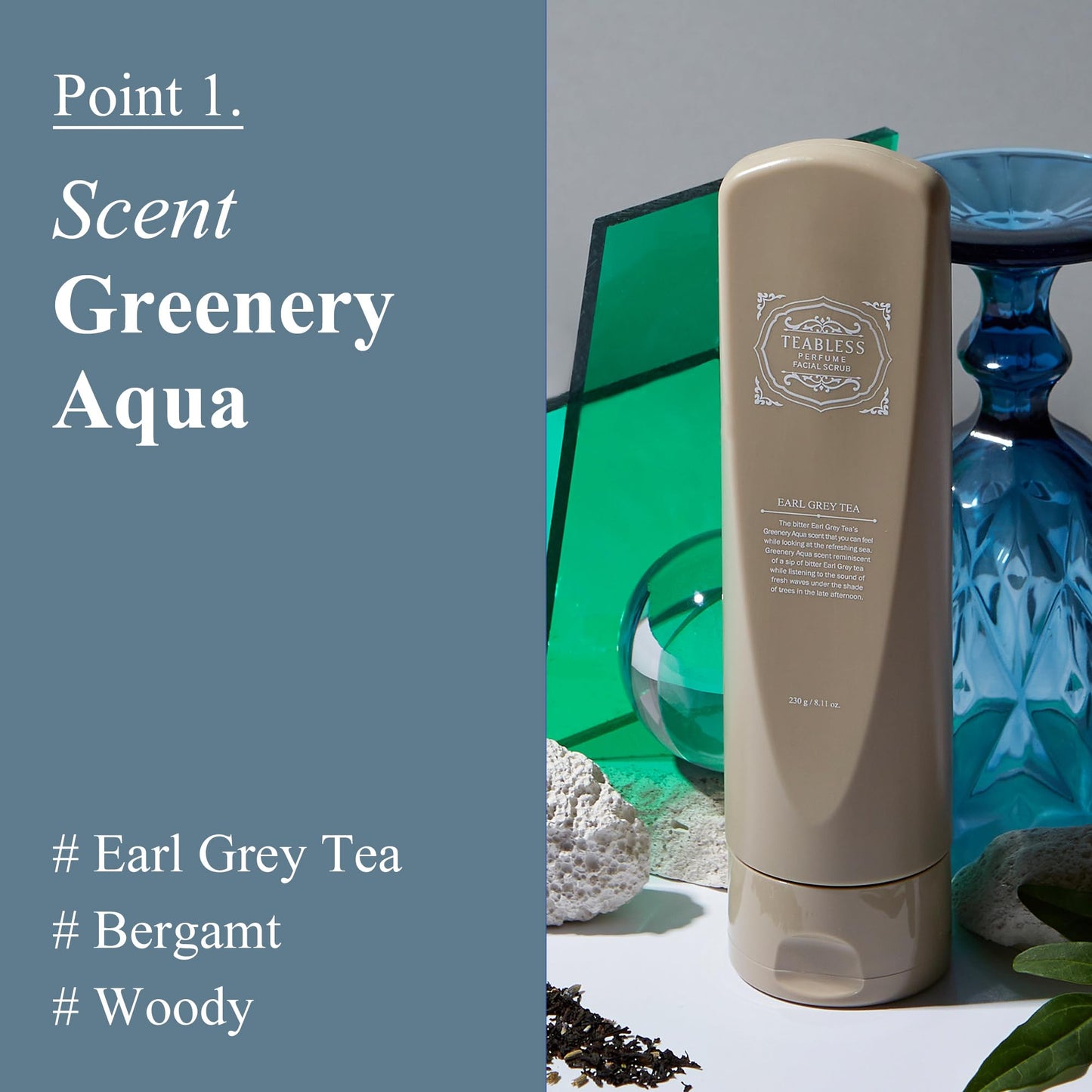 TEABLESS Earl Grey Tea Perfumed Facial Scrub, Transforming scrub, Gentle Daily Scrub & Cleanser for Exfoliation, blackheads & pore care, Greenery aqua Scent, Vegan