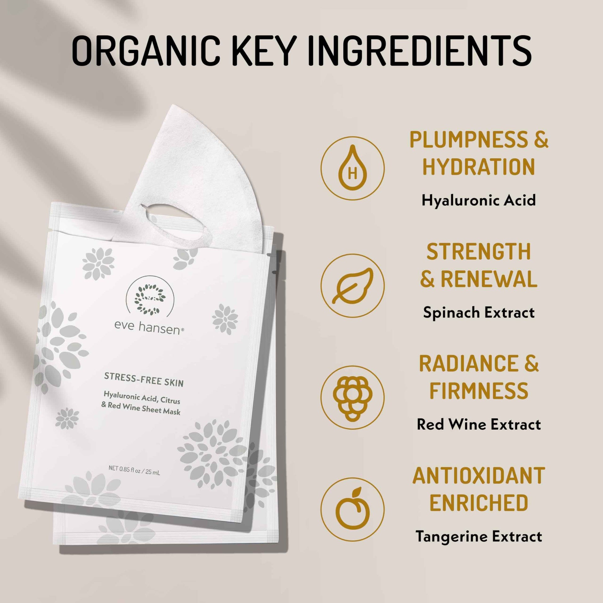 Eve Hansen Hydrating Face Mask Sheets Set of 5 – Moisturizing & Nourishing Care for All Skin Types – With Hyaluronic Acid, Tangerine Peel, Blueberry Extract & Spinach Leaf