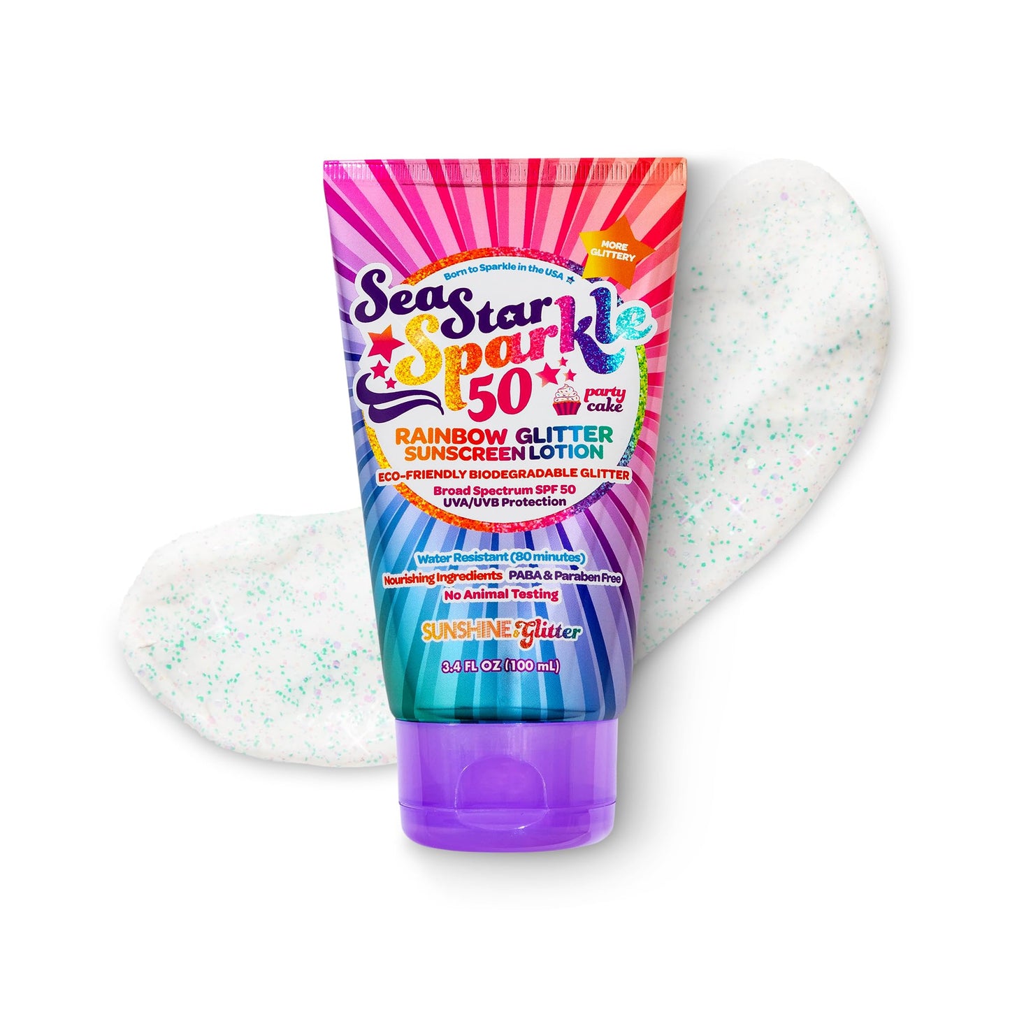 Sea Star Sparkle | Party Cake | Biodegradable Glitter Sunscreen SPF 50 for Kids | Rainbow | Broad Spectrum UVA/UVB | Water Resistant | Beach & Pool FUN SPF | Made in USA | Sunshine & Glitter