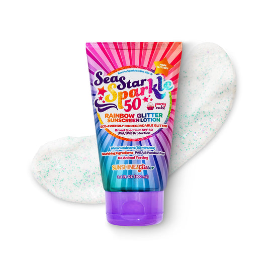 Sea Star Sparkle | Party Cake | Biodegradable Glitter Sunscreen SPF 50 for Kids | Rainbow | Broad Spectrum UVA/UVB | Water Resistant | Beach & Pool FUN SPF | Made in USA | Sunshine & Glitter
