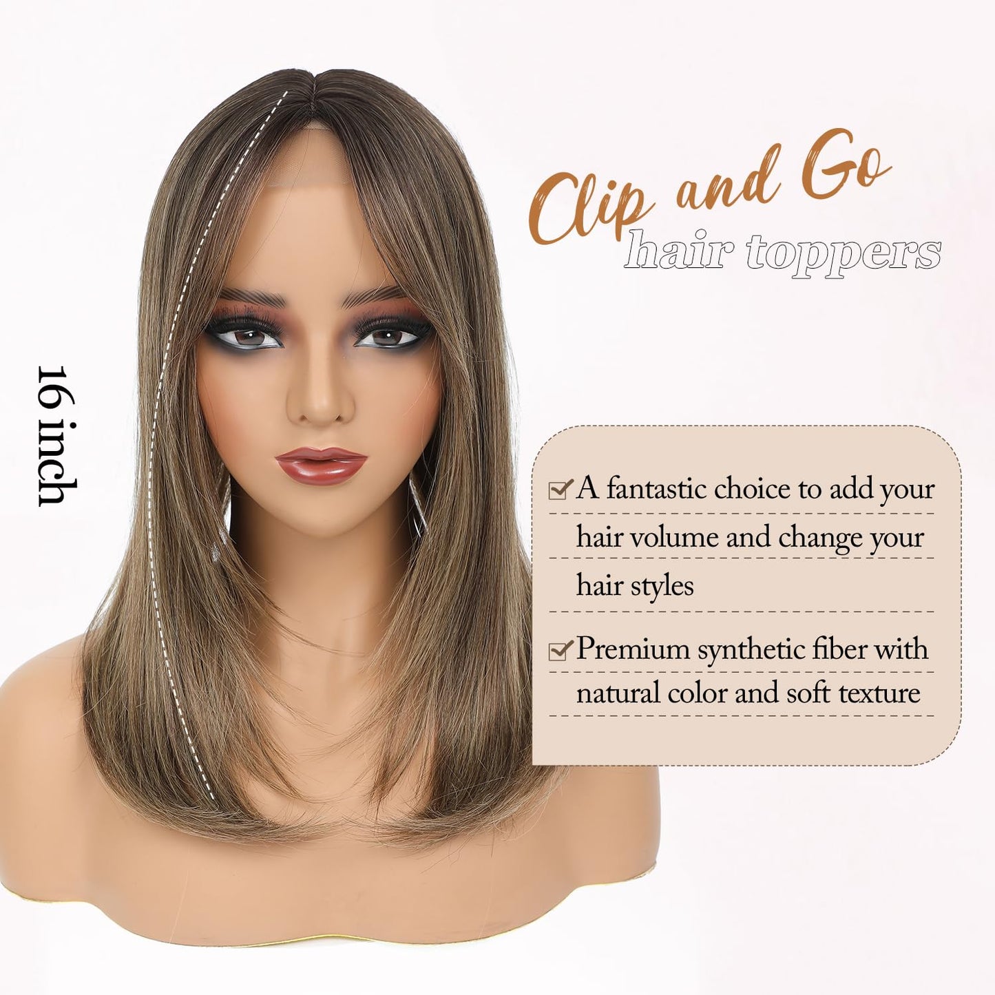 Molefi Hair Toppers for Women with Thinning Hair,16 Inch Full-End Topper,Synthetic Wiglets Pieces For Women 6.5"x6.5"Large Base for Daily Use(Dark Ash Brown with Honey Blonde Highlights)