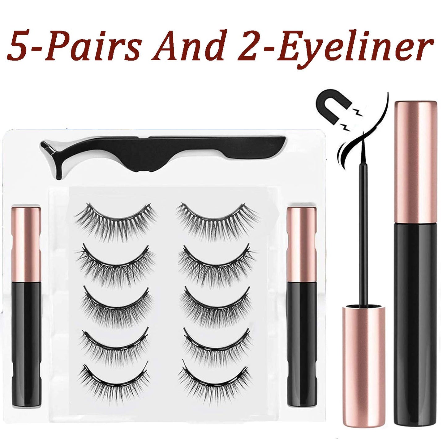 Magnetic Eyelashes With Eyeliner Kit 3D different Lengths & different Style Magnetic Eyelashes False Lashes Natural Look - No Glue Needed (5-Pairs With 2-Eyeliner)