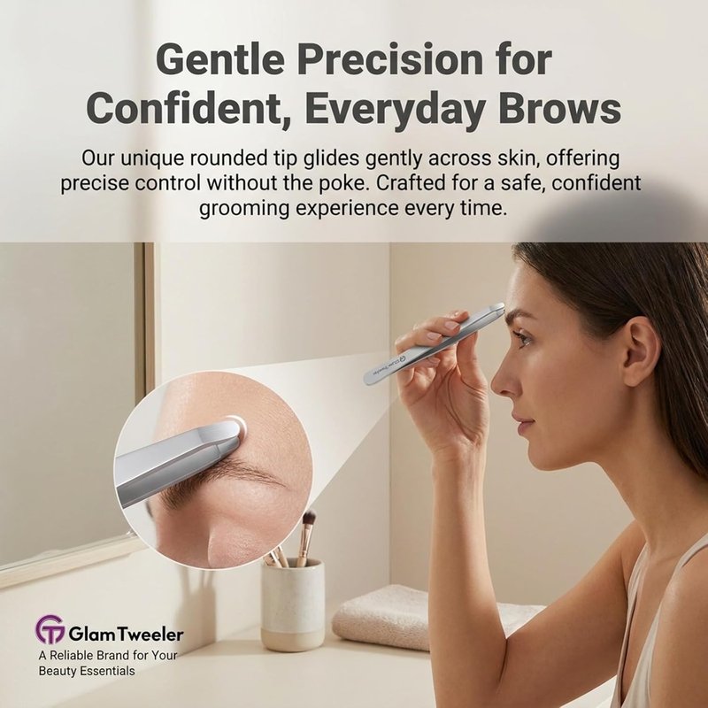 Hand-Made Tweezers - Safe Rounded Tip & Comfort Spring for Pain-Free Plucking | Thick Stainless Steel for Precise Grip on Eyebrows & Facial Hair