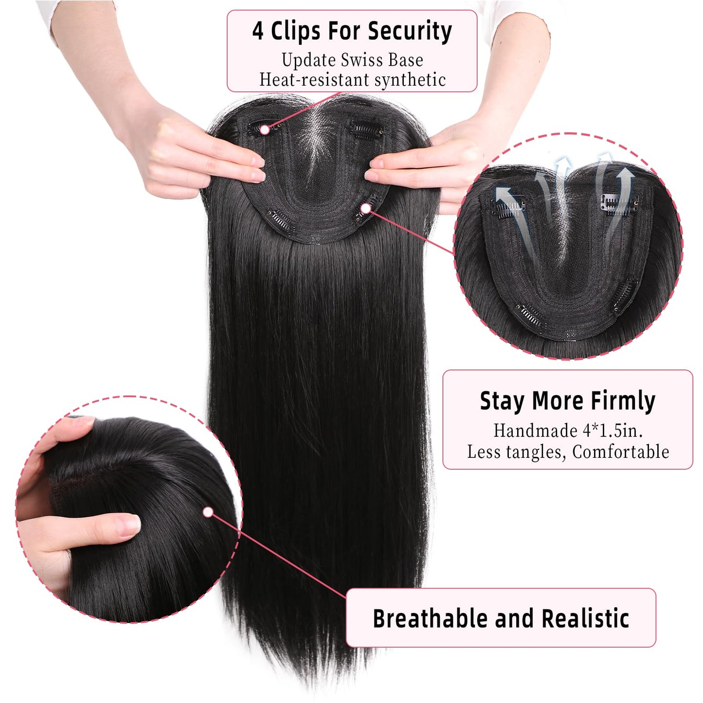 XIXISNOW Toppers Hair Pieces for Women 24 Inch Long Straight Clip in Hair Toppers for Women Thinning Hairs Synthetic Hand-Tied Hairline Heat Resistant Layered Womens Wig Topper Adding Volume Black