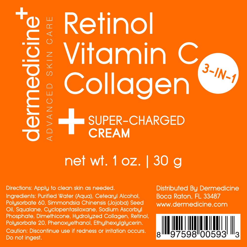 Vitamin C + Retinol + Collagen | Super Charged Anti-Aging Cream for Face | Pharmaceutical Grade Quality | Helps Smooth & Plump Fine Lines & Wrinkles & Brightens for Younger Skin (1 oz)