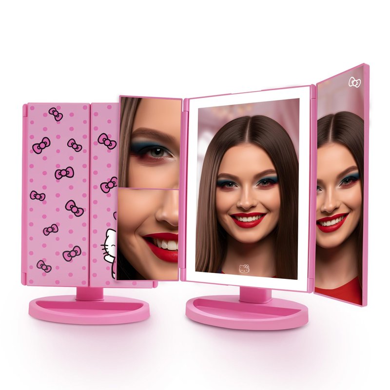 Impressions Vanity Hello Kitty Pink A Dot Trifold LED Makeup Mirror with Artwork, Vanity Mirror with Strip LED Tri Tone Light, Dual Magnification Touch Sensor, and Adjustable Tilt, Catchall Storage
