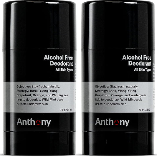 Anthony Alcohol-Free Aluminum-Free Deodorant for Men, Non-Irritating Cool Gel Stick for Sensitive Skin, Sport Strength Formula Prevents Odor All Day, Clear Stain-Free Finish, 2.5 Fl Oz Each, Pack of 2