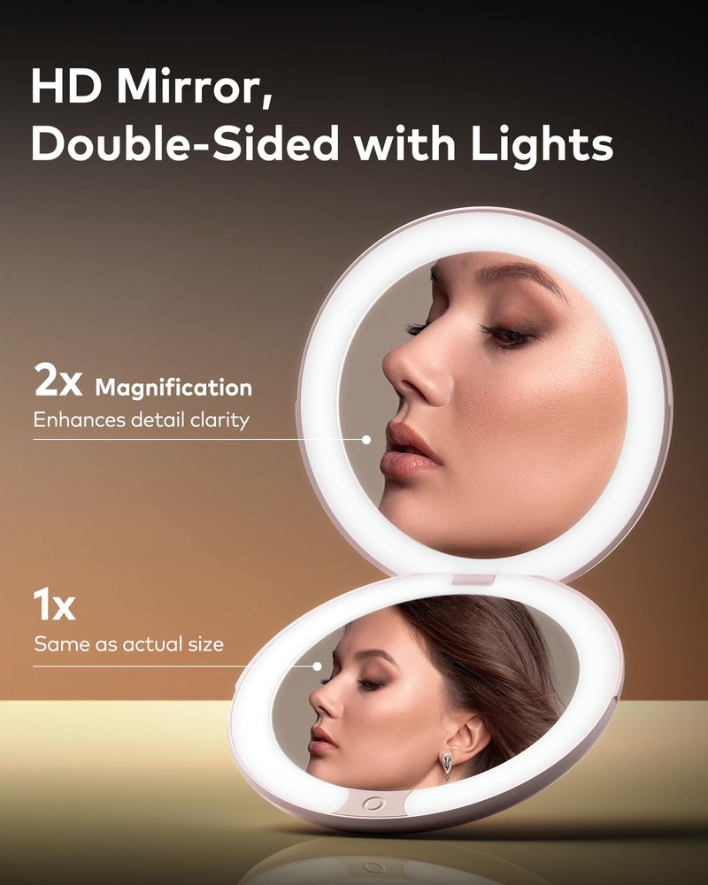 llano Compact Mirror, Lighted Travel Makeup Mirror with 1X/2X Magnifying Double Sided Dimmable Portable Pocket Mirror for Handbag and Pocket,Foldable Compact Mirror 3.6"L x 0.8"W, USB Charging(Yellow)