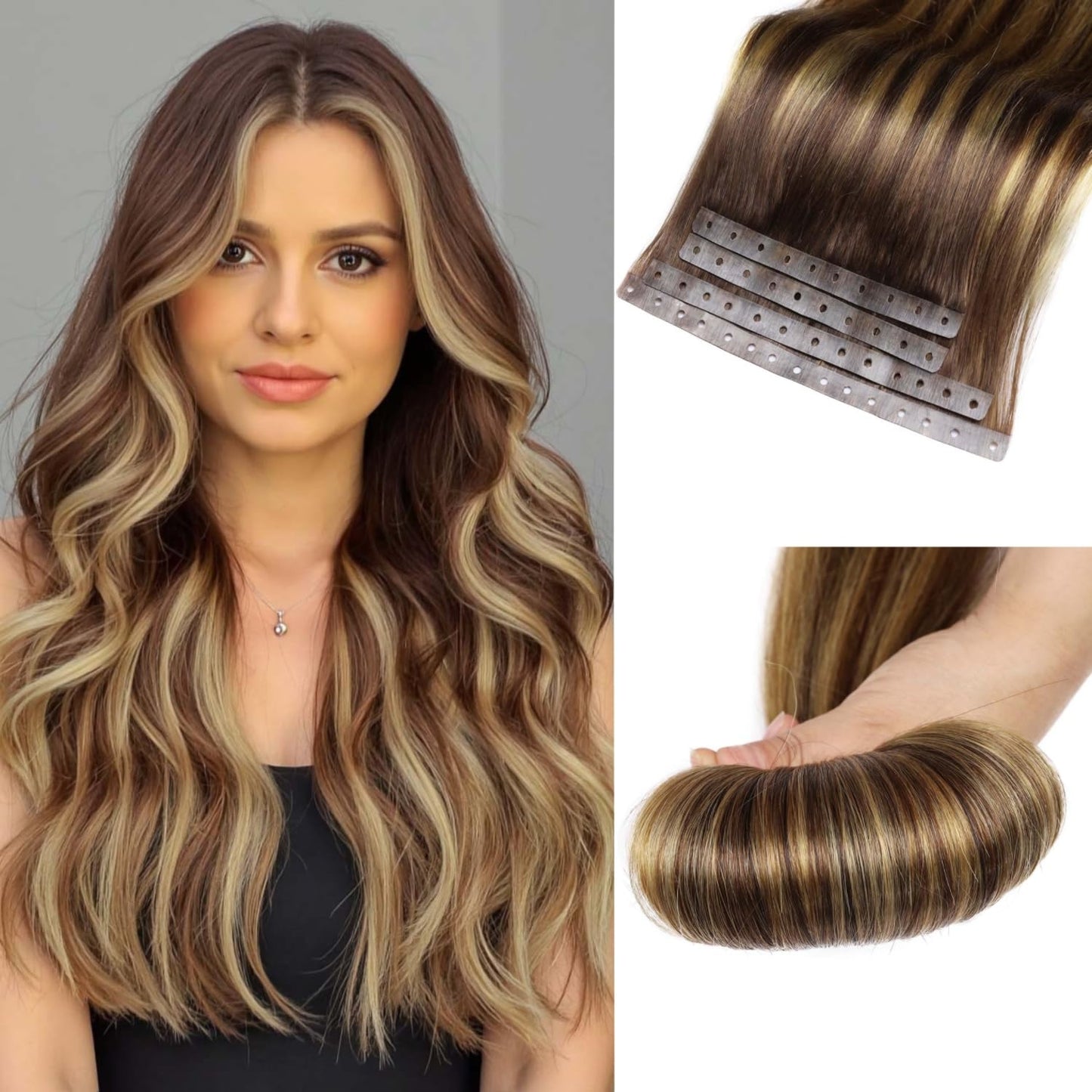 Human Hair Extensions Invisible PU Tape in Hair Extension T4/27 Highlight Honey Blonde Remy Human Hair Extensions with Beads Glueless Hair Extension for Women (30g 4Pcs,12 Inch)