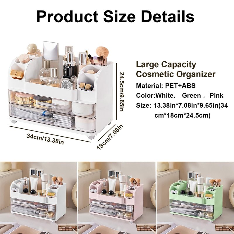 DASITON Large Capacity Makeup Organizer for Vanity with 2 Drawers, Skincare Organizers with Makeup Brush Holder, Cosmetic Display Case for Dresser Vanity Bathroom Countertop (White)