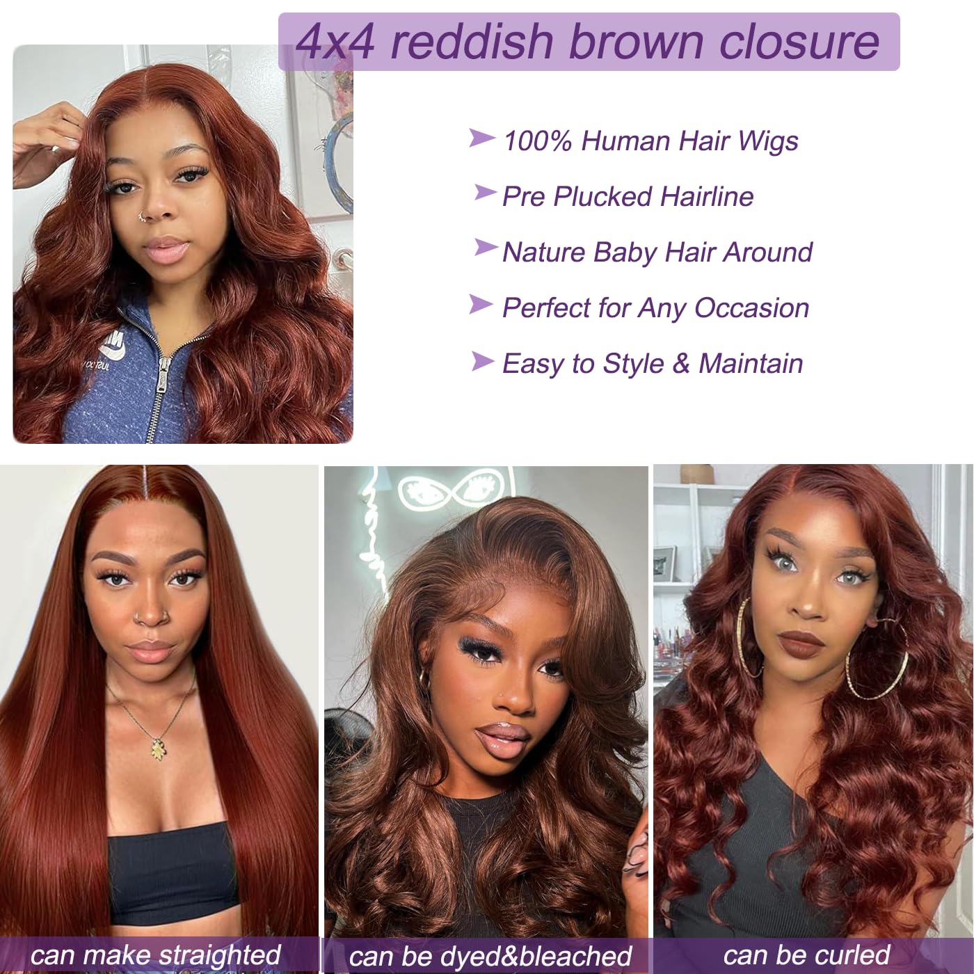 Reddish Brown Body Wave Closure 4x4 HD Transparent Swiss Lace 12a 100% Unprocessed Brazilian Virgin Remy Human Hair 150% Density Free Part Pre Plucked With Baby Hair Color #33 16 Inch