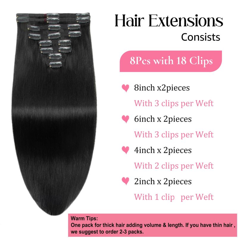Jet Black Clip in Hair Extensions Real Human Hair 14inch Human Hair Clip in Extensions Black Human Hair Extensions Clip ins 100% Brazilian Remy Human Hair for Women Straight 8pcs Double Weft