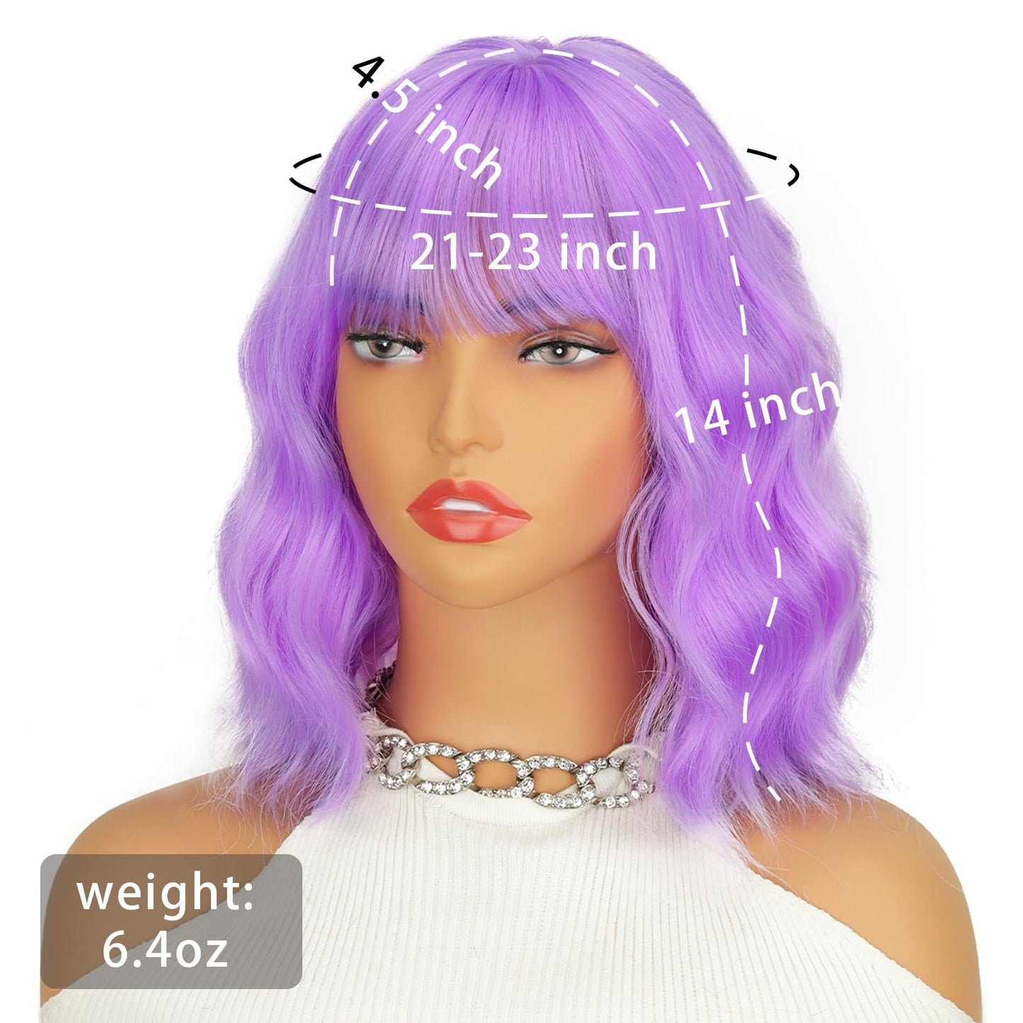 LINGHANG Purple Wig with Bangs Short Light Purple Wigs for Women, Lavender Purple Bob Wavy Wig Synthetic Cosplay Wigs for Party Halloween Party
