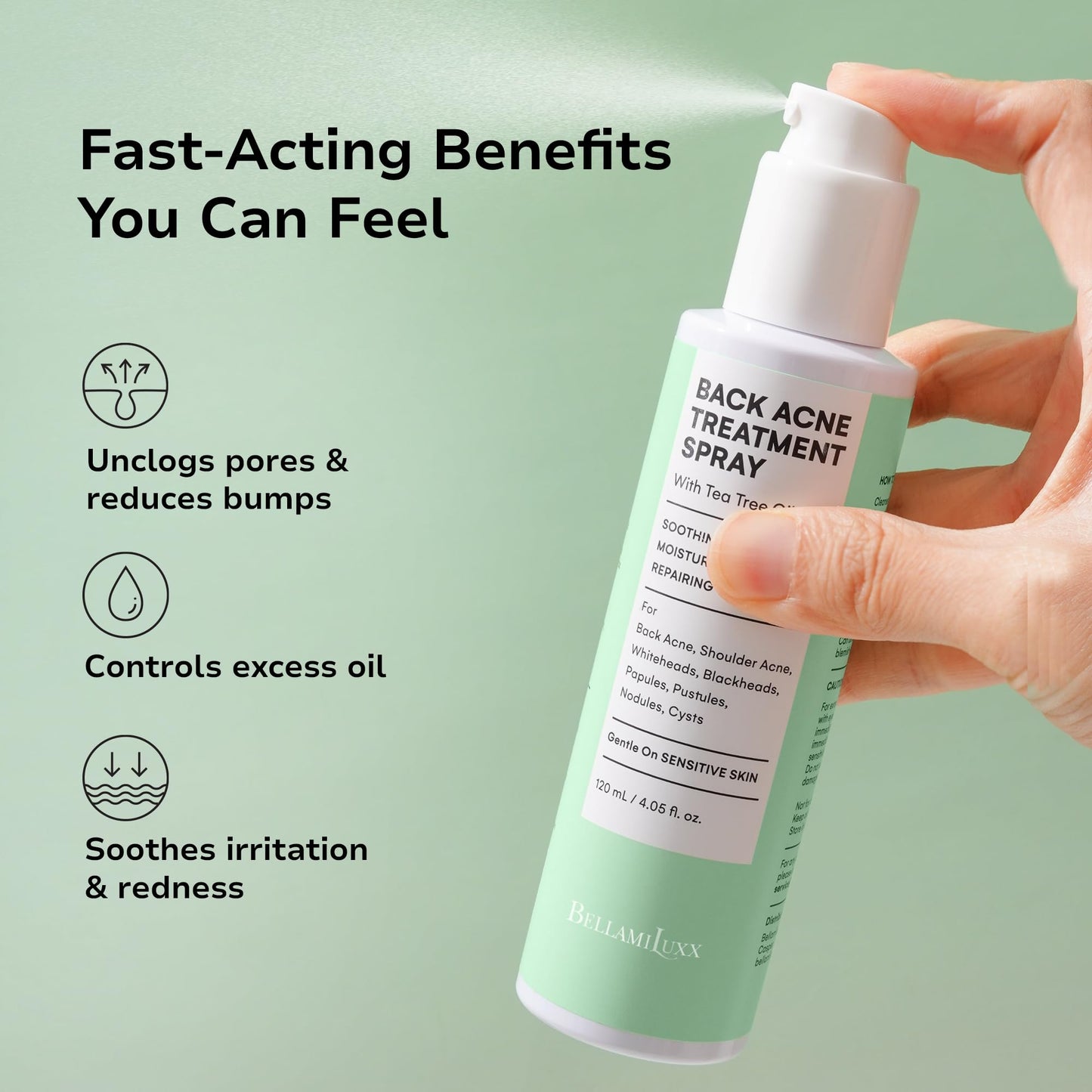 BellamiLuxx Back and Body Acne Treatment Spray: 2% Salicylic Acid & Tea Tree Oil Bacne Spray for Clear, Soothe & Moisturize - Effective for Men, Women, Teens with Back, Shoulder, Arm, and Chest Acne