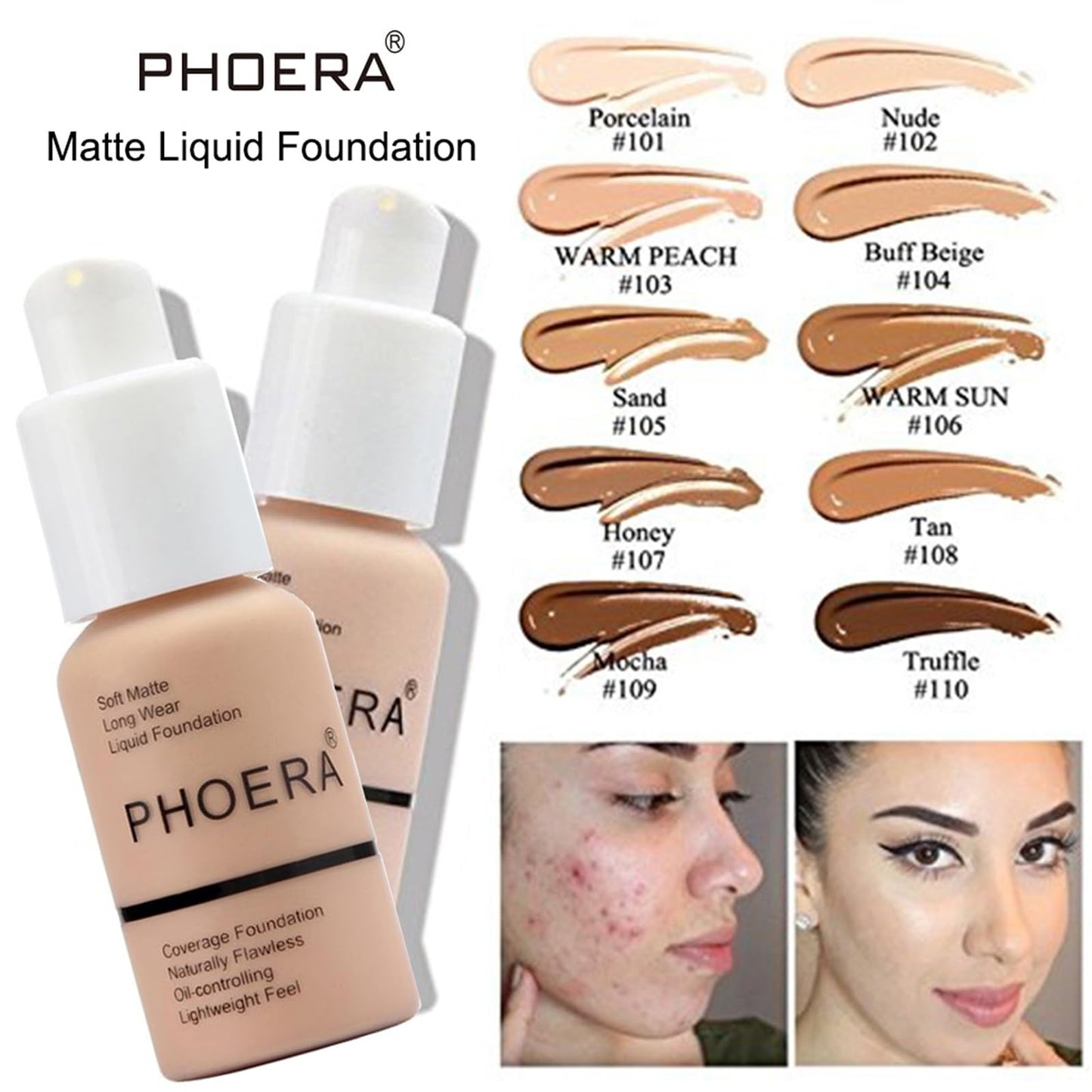 Hilareco PHOERA Foundation,PHOERA CC Cream Foundation Color Correcting Anti Aging Hydrating Serum,PHOERA 4-in-1 Tinted Moisturizer Foundation Serum (105+160CC+N04/ Sand+ Sand+Sand)