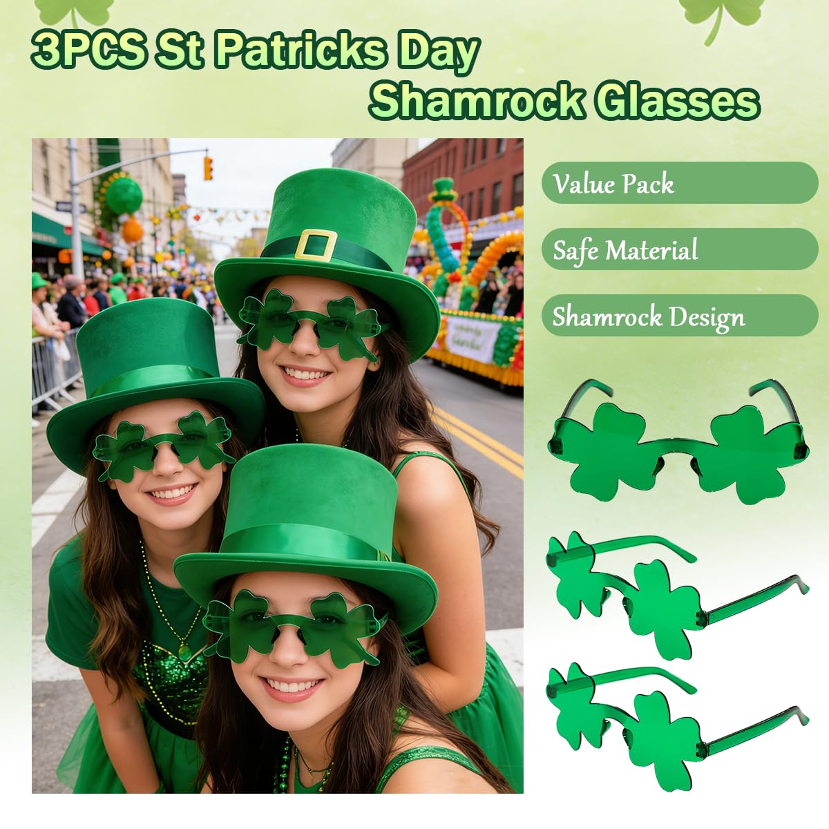 19PCS St. Patrick's Day Accessories Set, Green Face & Body Glitter, Green Glasses, Irish Bracelets, Round Bead Necklaces, Party Favors for Women and Family