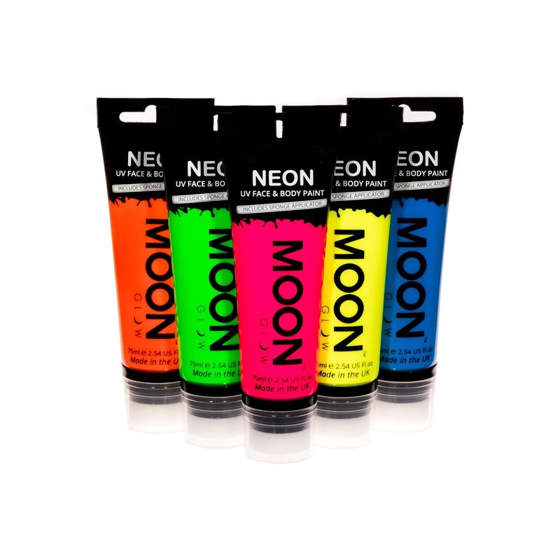 Moon Glow Supersize 2.54oz Blacklight Neon UV Face & Body Paint - Set of 5 tubes - with sponge applicator