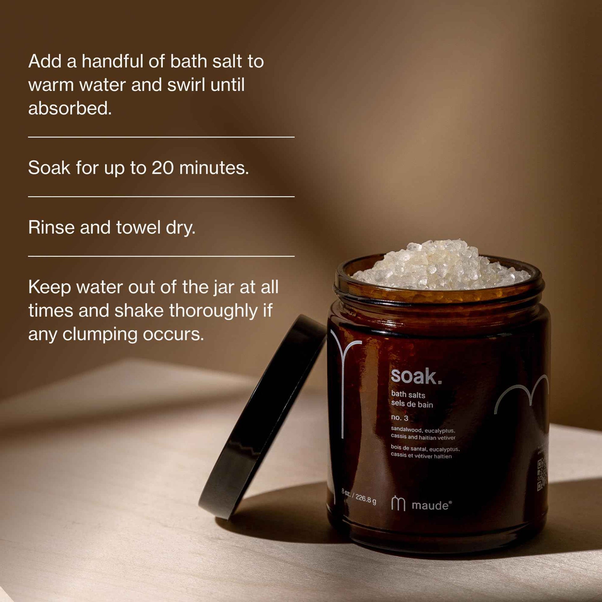 Maude Soak No. 3 - Nourishing Mineral Bath Salts - Hand-Harvested Dead Sea Salt with Magnesium & Potassium Chloride - Soften & Rejuvenate Skin - Notes of Sandalwood & Eucalyptus (8 oz)