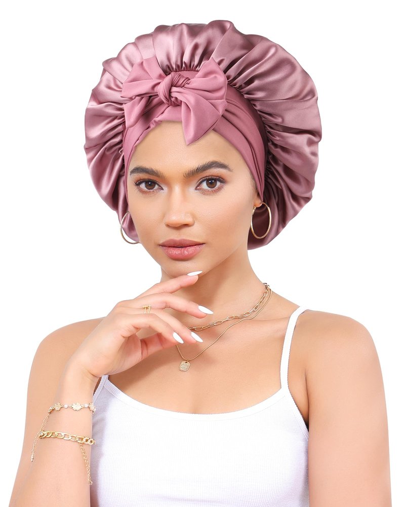 Silk Bonnet 100% Mulberry Hair Bonnet for Sleeping Women Hair Wrap with Elastic Band Sleep Night Cap(Bean Paste)