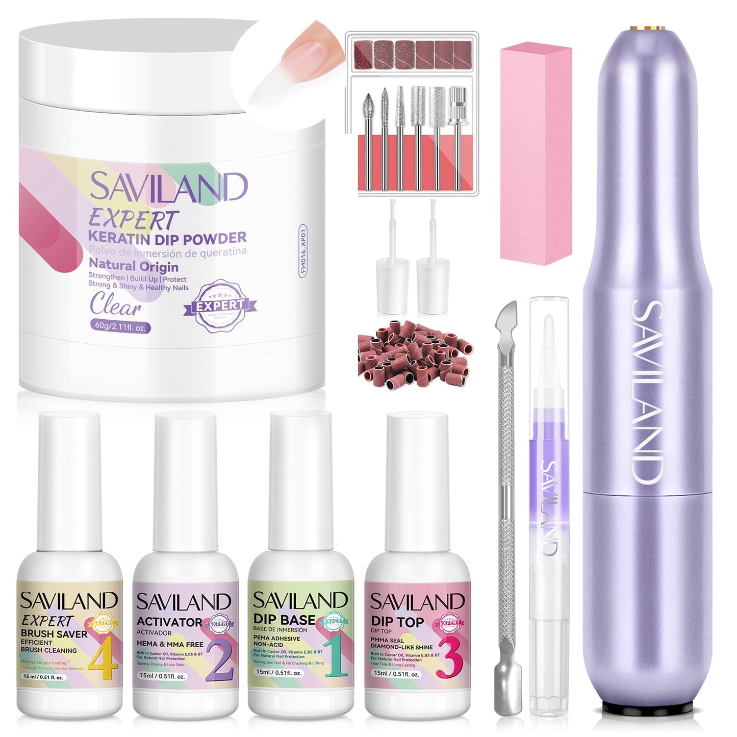 SAVILAND Clear Dip Powder Nail Kit with Electric Nail Drill: 60g/2.1oz Clear Dipping Powder for Nails with Dip Nail Liquid Set Base Activator & Top Coat Brush Saver Builder Repair Kit Home Manicure