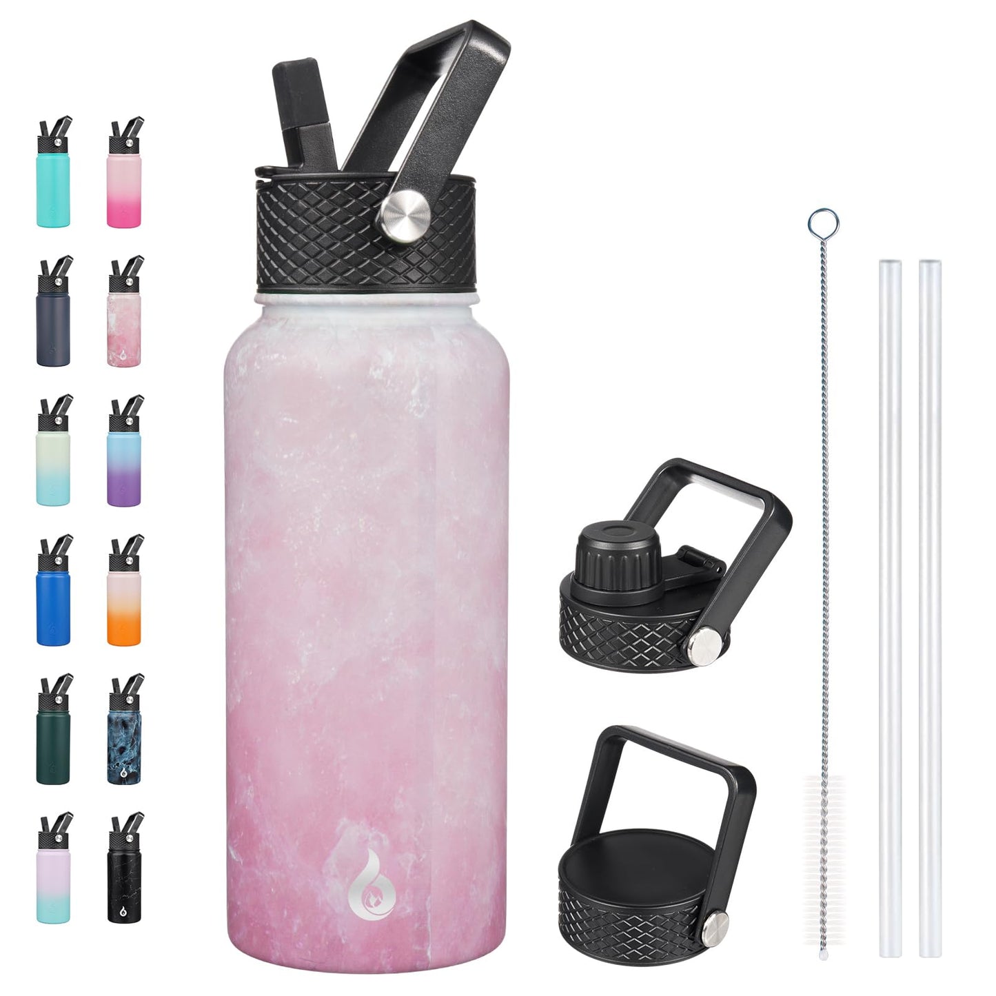 BJPKPK Insulated Water Bottles with Straw Lid, 32oz Metal Large Water Bottle with 3 Lids, Reusable Leak Proof BPA Free Thermo, Stainless Steel Tumblers for Sports, Gym, Travel-Blossom
