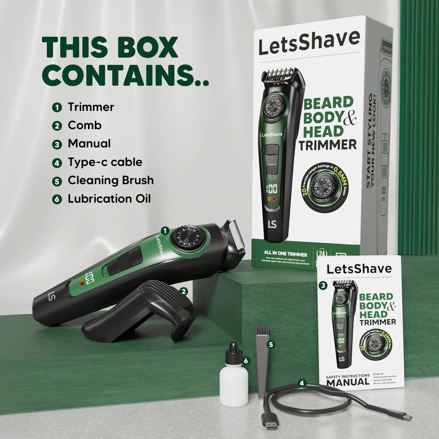 LetsShave Head, Body & Beard Trimmer for Men | Mens Full Body Hair Trimmer | Cordless | Stainless Steel Blade | Length Settings | Fast Charging Trimmer Men Black