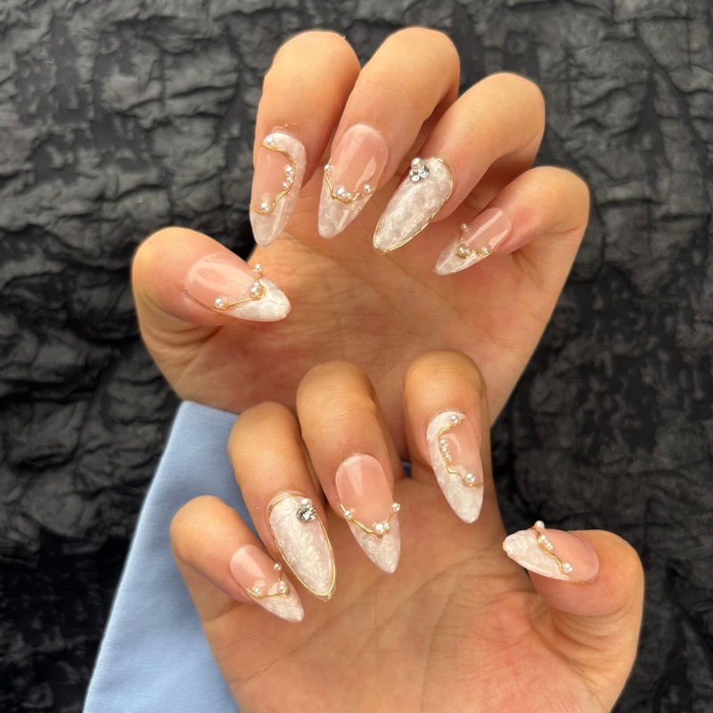 AKA Unicorn 10Pcs Handmade Press On Nails Short Almond,Nude Pink Acrylic Nails,Luxury Nail Press On with Charm Pearl Design for Wedding&Party Wear-True Love Design Concept